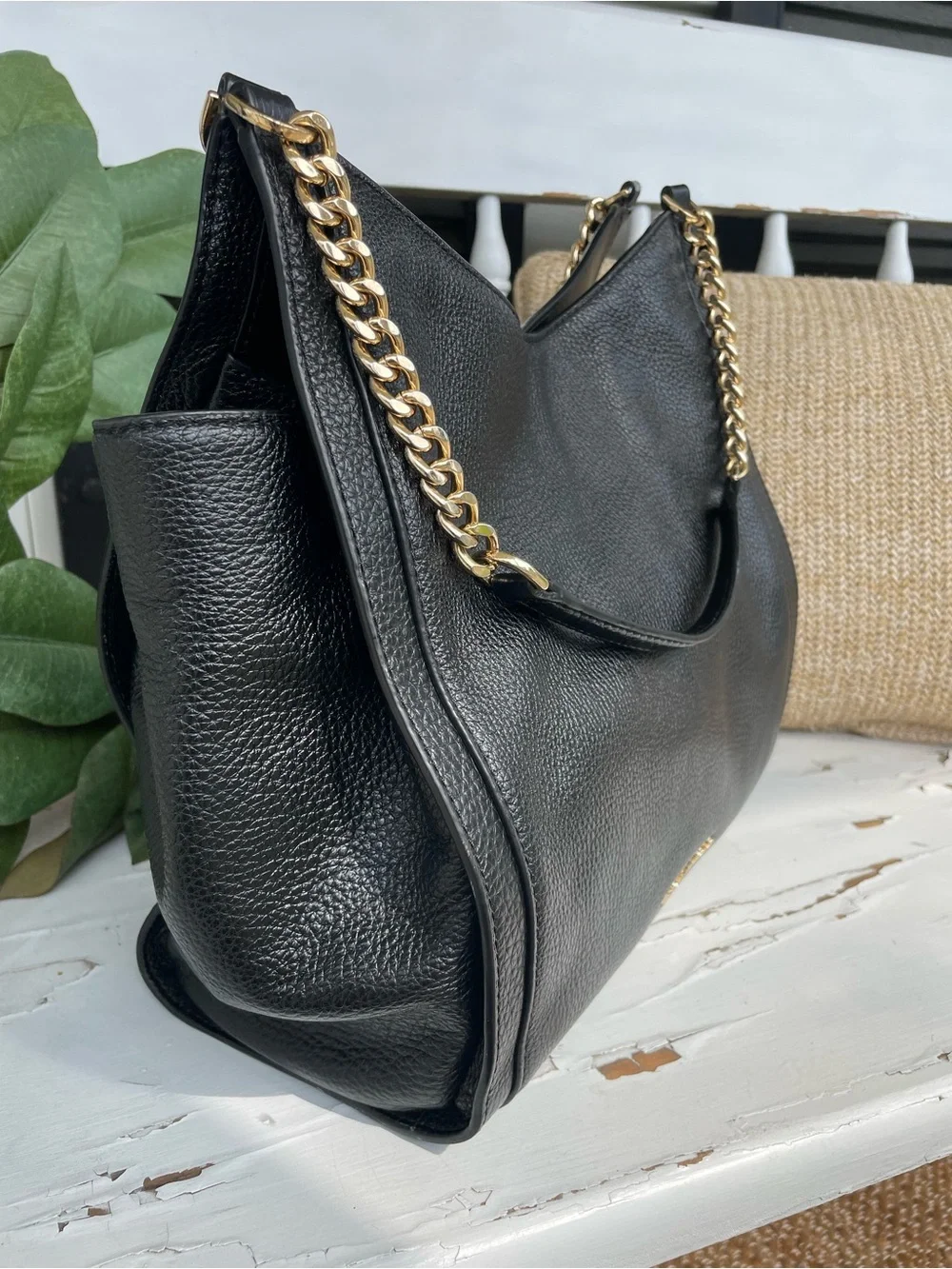 Michael Kors Newbury Medium Chain Black Pebbled Leather Shoulder Tote